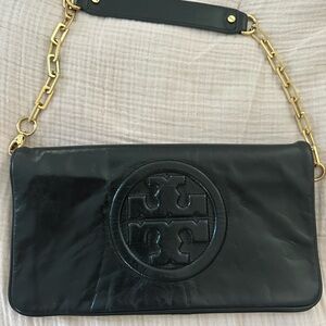 Tory Burch Black Leather Clutch with Gold Chain